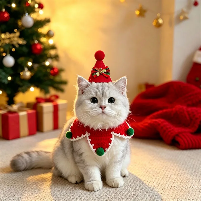 Weihnachtliches Strick-Speicheltuch mit Glocke, Haustier-Schleifenlätzchen, Halsband-Schal, kariertes Schleifenanhänger-Accessoire für Hunde- und Katzenhalsbänder, Pflegezubehör – Detail 3