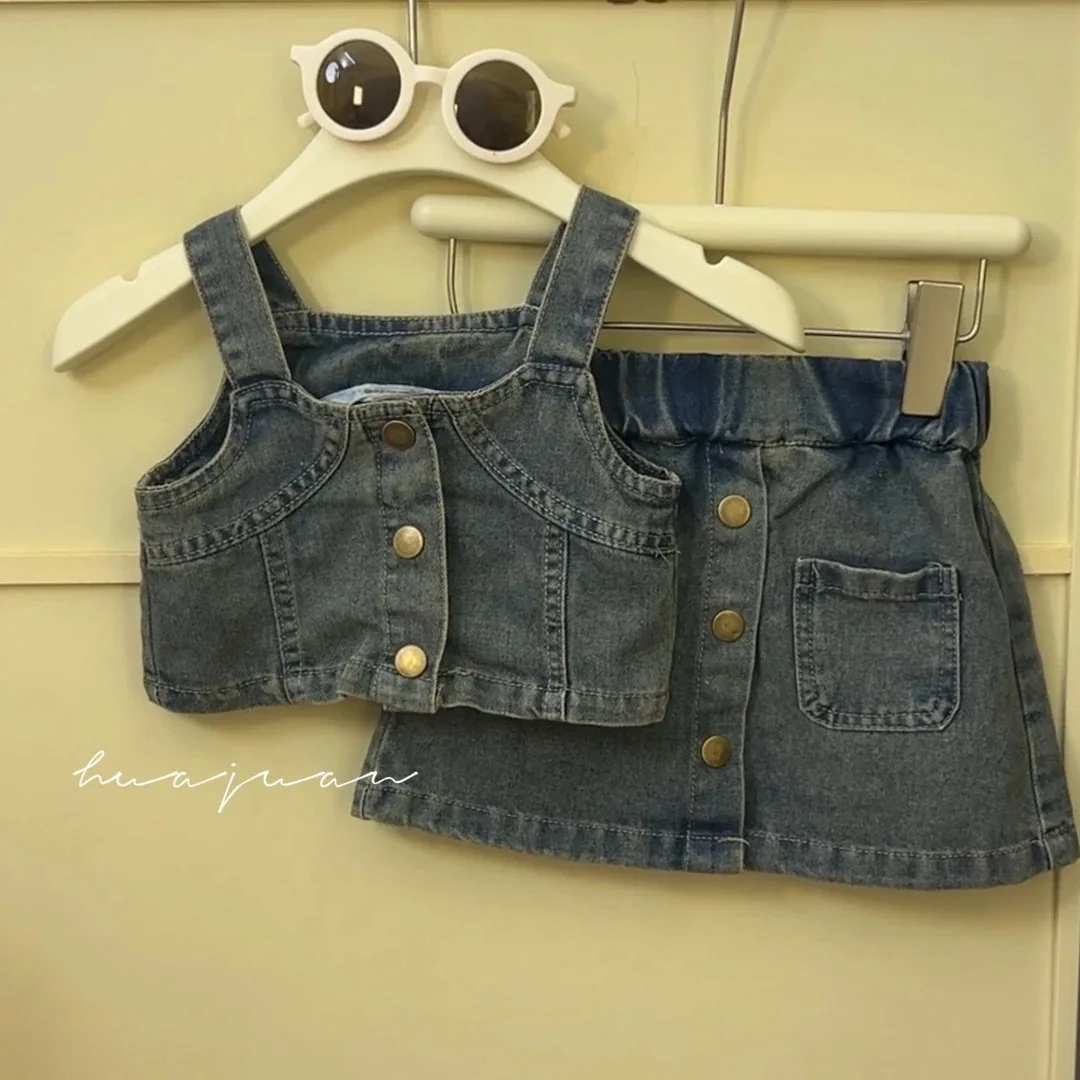 

2025 Summer New Girls' Suit Cute Fashion Denim Suspender Plus Skirt Two-piece Set Fashion Casual