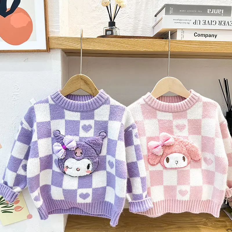 

Sanrio Kuromi My melody girls sweater autumn new cute kawaii thickened plaid sweater for children and middle-aged children