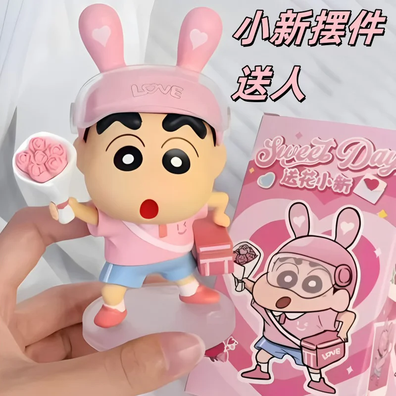 Urocza figurka Crayon Shin-Chan z kwiatkiem, kolekcjonerska figurka anime, dekoracja na biurko, prezent urodzinowy dla dziewczyny