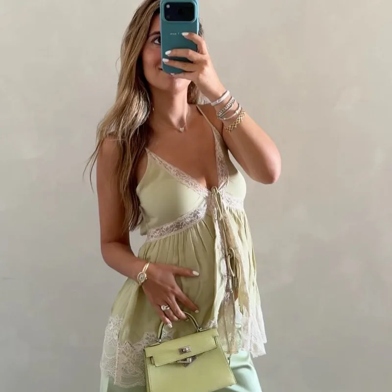 HXAO Top Women Top With Lace Summer Streetwear Sleeveless Camisole Off Shoulders Backless Tank Tops Casual Sexy Going Out Vest