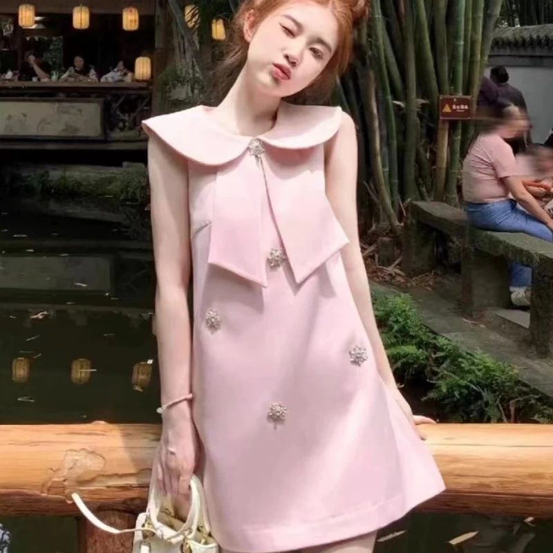 

Pink Bow Doll Collar Sleeveless Vest Dress for Women Summer Loose Slimming High-end Skirt