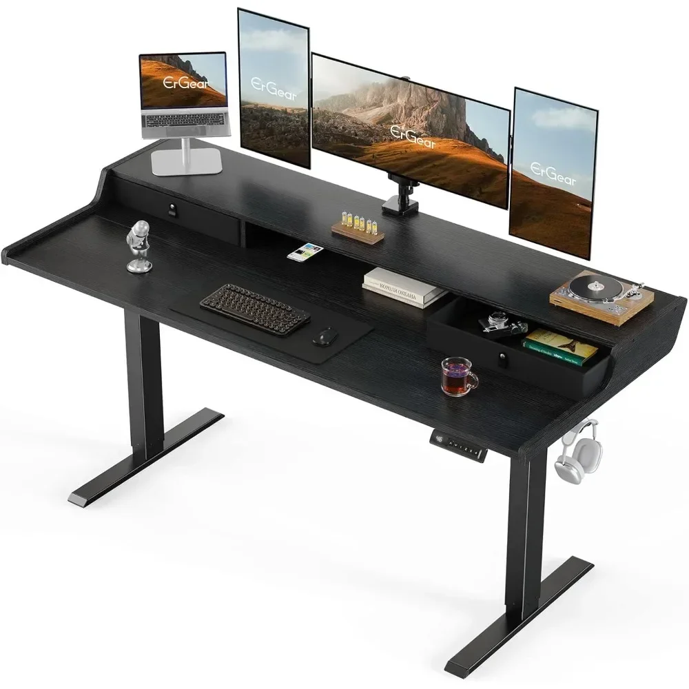 Electric Standing Desk with Drawers, 55″ x 28″Gaming Desk with Monitor Stand, C-Clamp Mount Compatible, Home Office