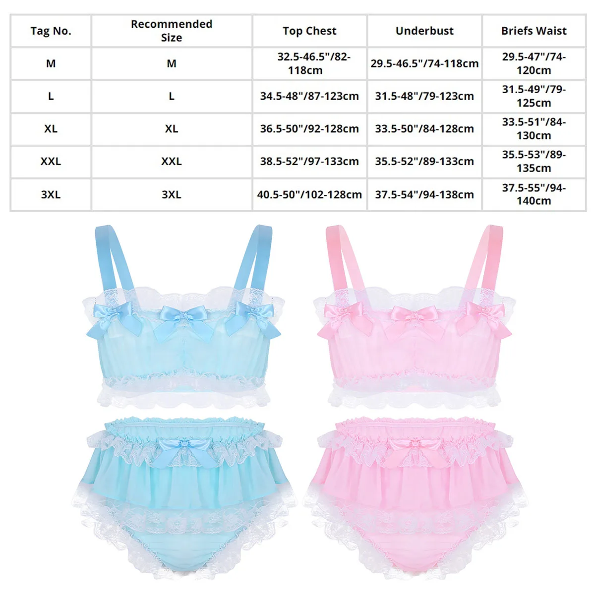 Men Sexy Lingerie Set Sissy Panties Male Crossdressing Erotic Gay Underwear Satin Ruffle Bow Bra Top with Bloomer Skirted Boxer