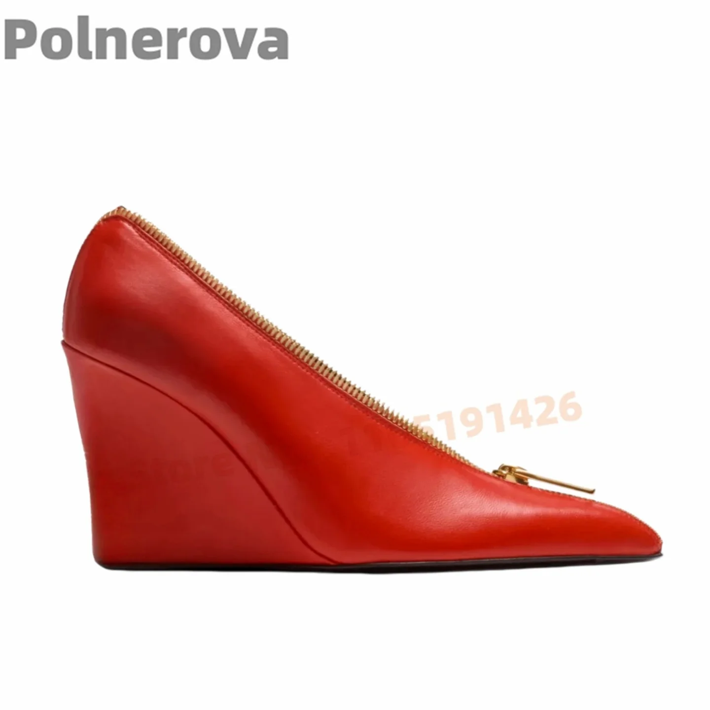 Women's Gold Zipper Leather Wedges Pumps Pointy Toe Slip On Red High Heels Elegant Spring Autumn Runway Office Lady Shoes