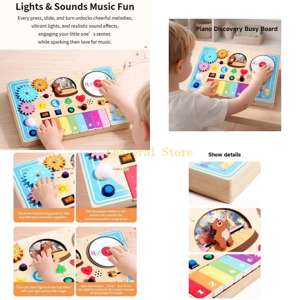 E7CE LED Light Wooden Music Instrument Toy With Piano Keys And Gear Design For Kindergarten Kids Fine Motor SKill Training