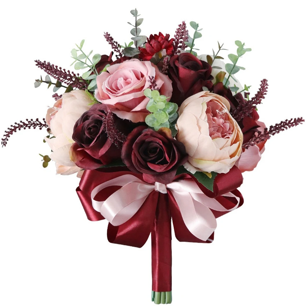 Burgundy Dusty Bouquet - Champagne Blush Blooming Peony with Eucalyptus Real perfect Bridal Wedding Flowers