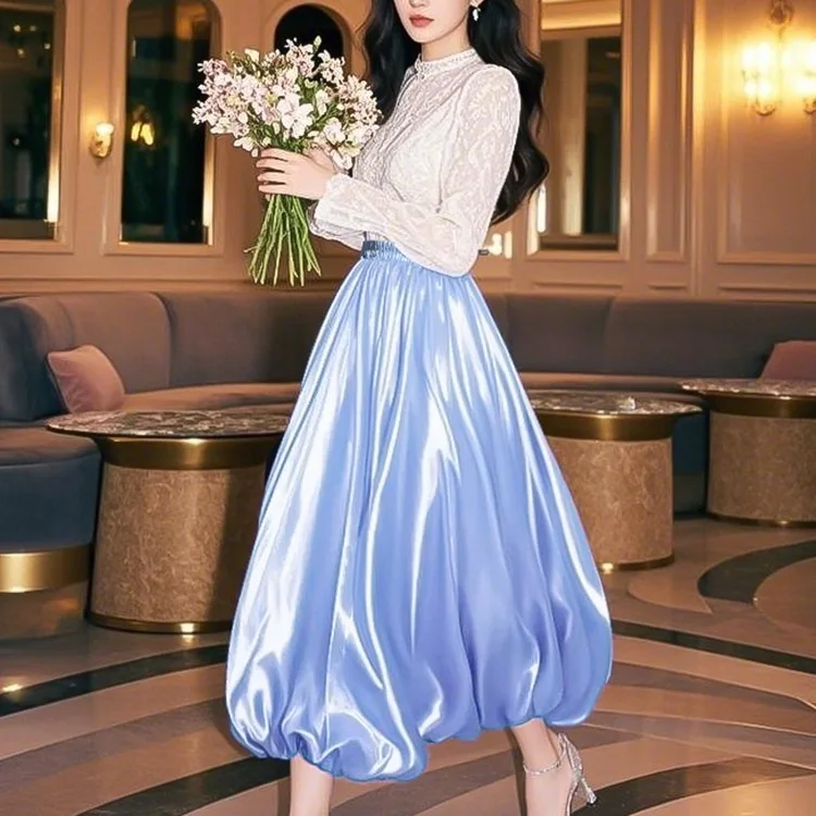 

Luxury Women's Satin Ball Gown Skirts 2025 New Japanese Style Lantern Pleated Tutu Skirt Medium Long French Bud A-shaped Skirt