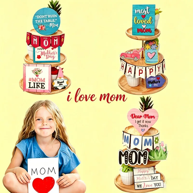 

New 3D Mother's Day Wooden Tray Decoration Festive Event Suppiles Layered Tray Table Decor Gift for Mom Room Letters Decorative