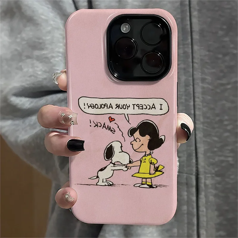 Aesthetic Comic Snoopy Phone Case for iPhone 11 12 13 14 15 16 17 Pro Max Plus Pink Glossy Black Camera Bezel Shockproof Cover