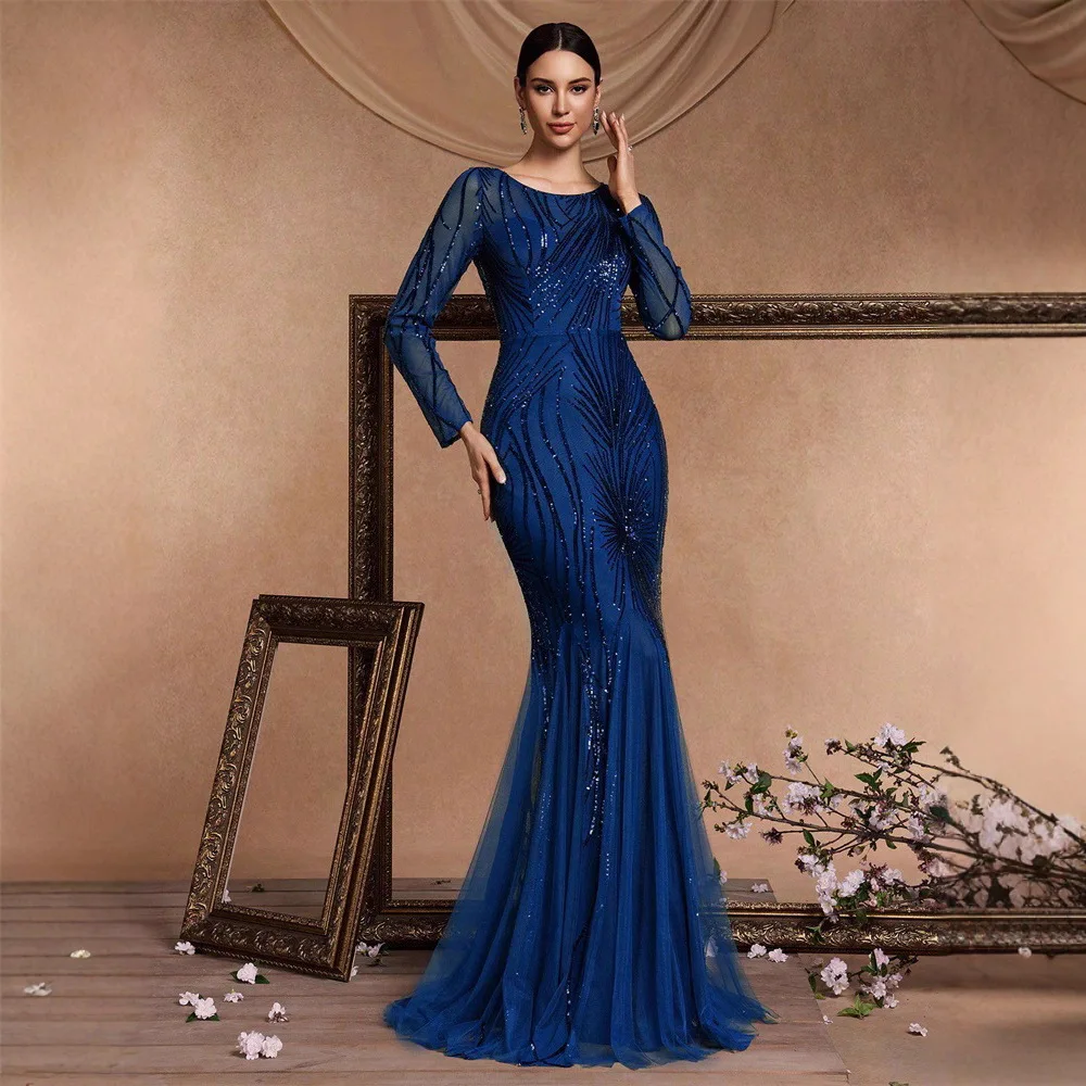 

New Dress Round Neck Long Sleeved Slim Fishtail Skirt Bridesmaid Banquet Toast Elegant Elegant Blue Sequins Evening Gown Luxury