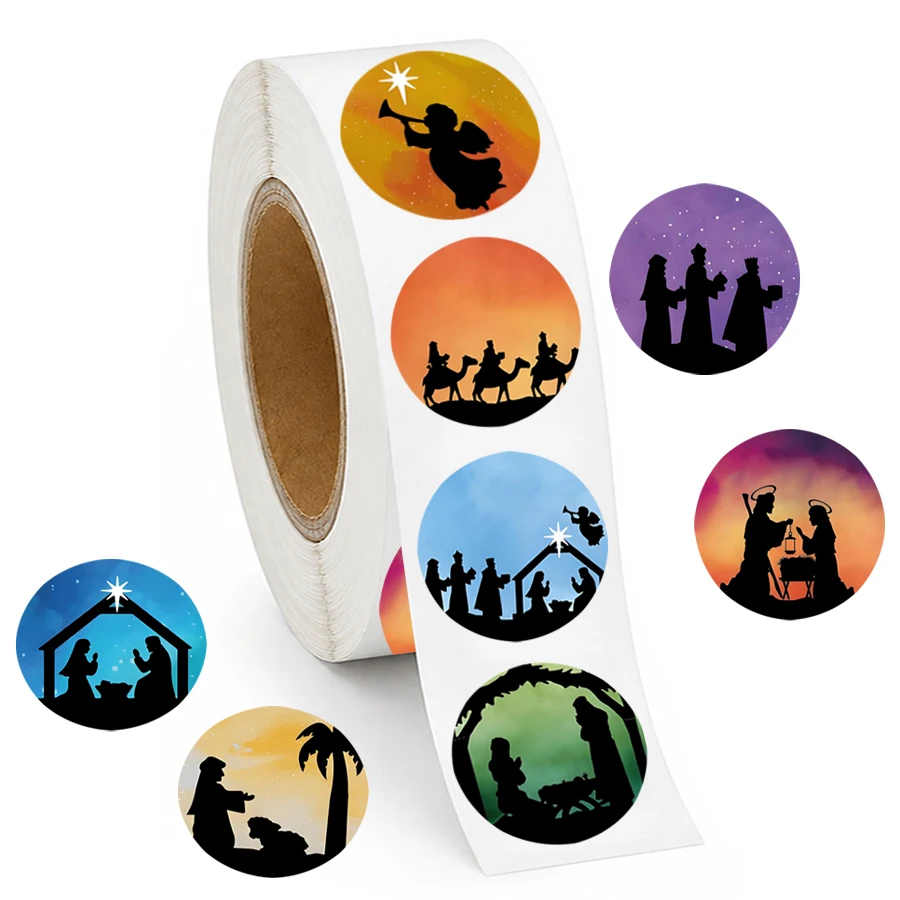 500 Pcs Christmas Nativity Stickers, 8 Designs Round Religious Scene Labels, Self Adhesive Holiday Stickers