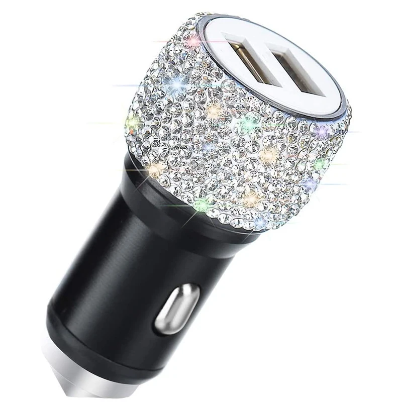 Dual Port USB Car Charger Fast Charging Adapter Bling Crystal Diamond Car Decorations Accessories Safety Hammer Design