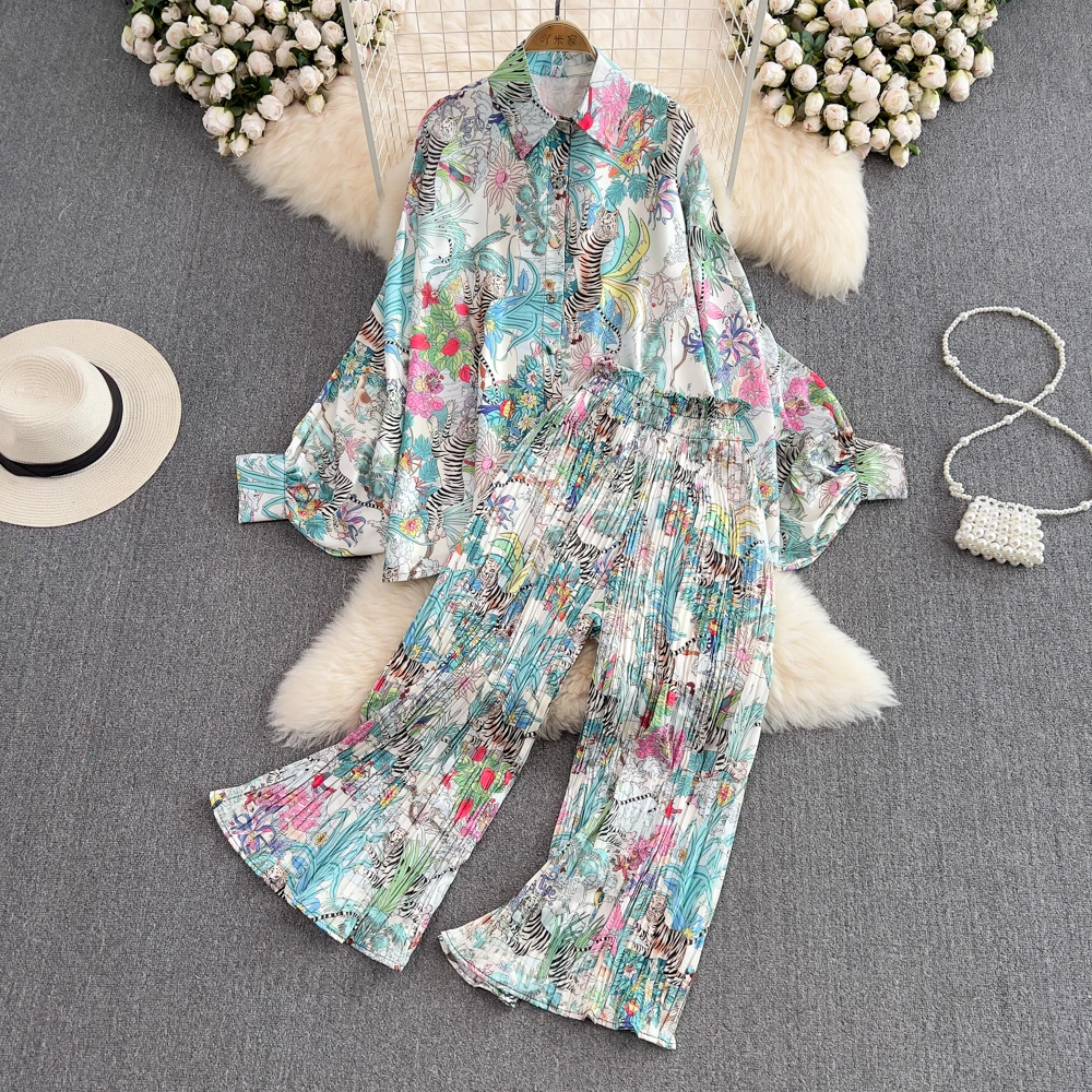 Women Casual Loose 2 Piece Set Floral Pleated Pants Suit Summer Lantern Sleeve Shirt Wide Leg Pants Leopard Female Outfit Spring