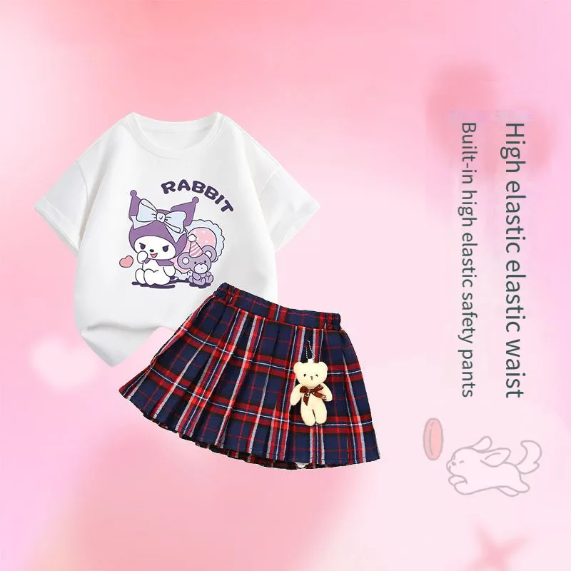 Sanrios Children's Skirt Suit Kawaii Kuromi Girls Short-Sleeved Shirt Jk Pleated Skirt Two-Piece Set Summer Preppy Skirt Cute