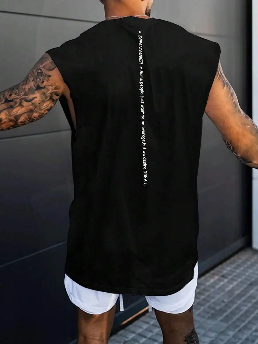 

Men's Black Sleeveless Graphic Tee with Vertical Slogan Print, Casual Summer Top