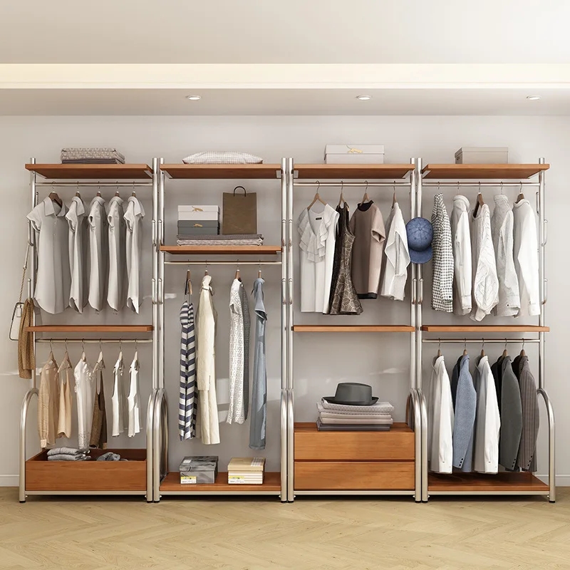 Open Floor Metal Wardrobe Wrought Iron Cloakroom Shelf Assembly Rack Walk-in Hanger