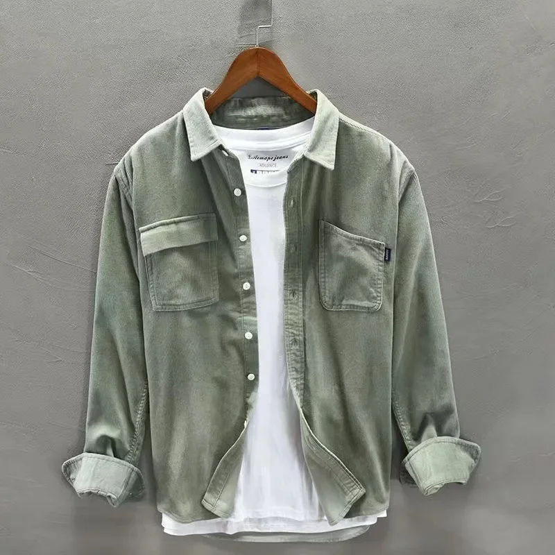 Korean Vintage Corduroy Shirt Men\'s Cargo Jacket Casual Spring Long Sleeved Loose Casual Shirt Coat Y2k Fashion Men Clothing