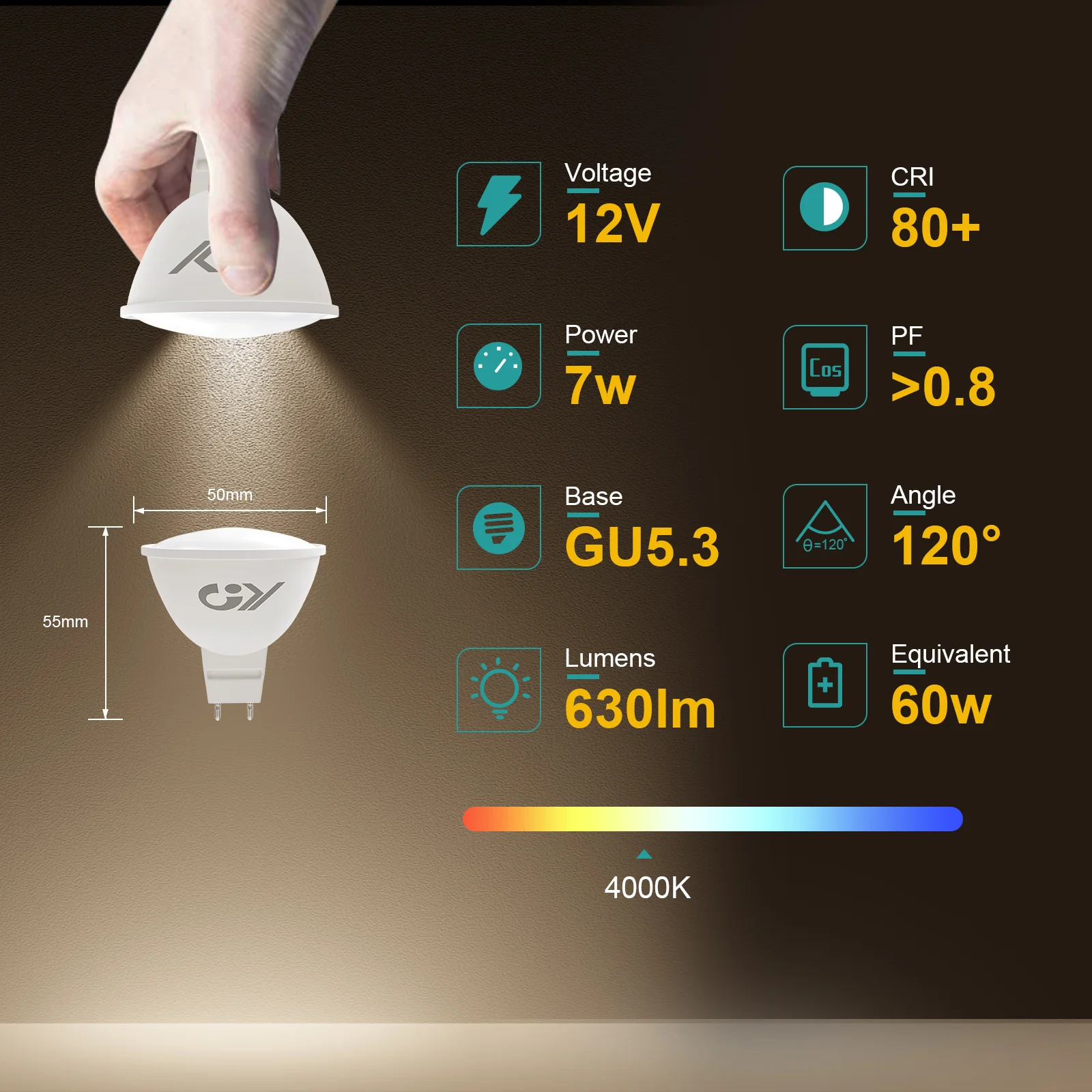 ジーノン調光可能LED電球、ハロゲン交換、mr16電球、7w、630ルーメン、60w、ac、dc 12v、gu5.3