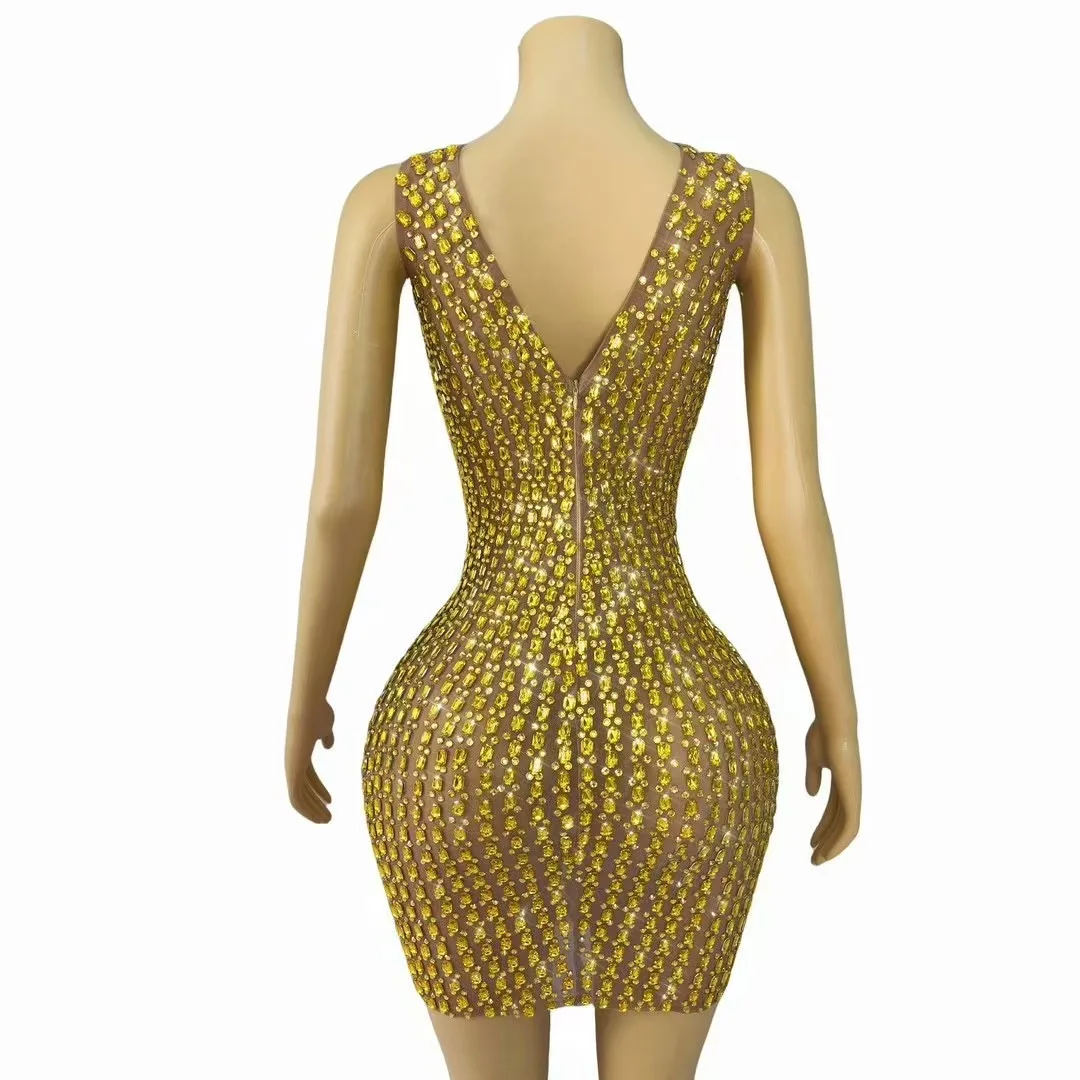 Sexy Luxury Elegant Gold Gown Sparkly Rhinestones Hollow Out Package Hip Dress Women Evening Party Perform Host Photoshoot Dress