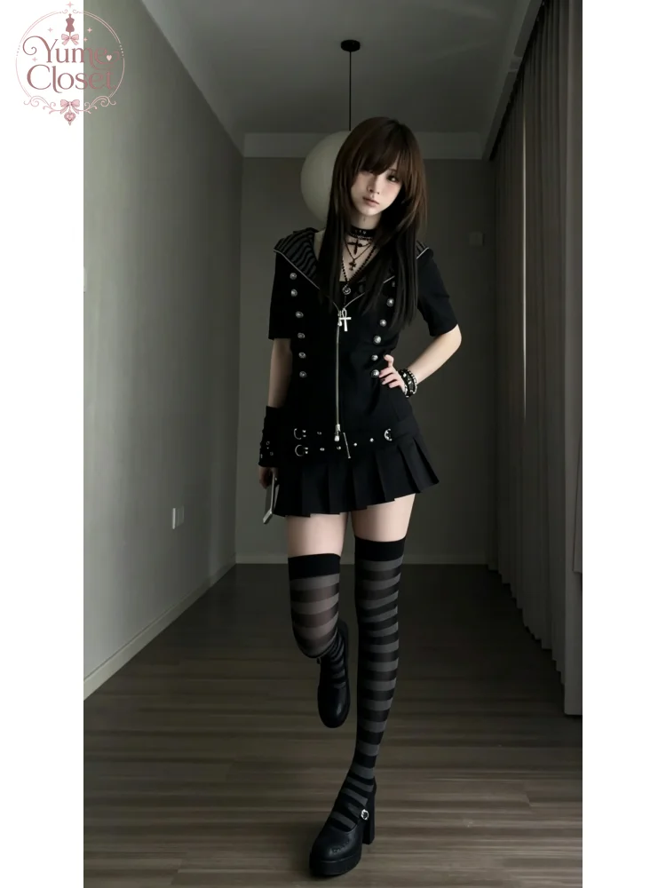 Y2K Japanese Subculture Dark Cute 3 Piece Set Women Cross Zip Up Cami Top Pleated Mini Skirt Buckle Detail Night Out Outfit 2026