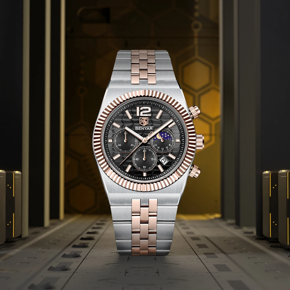2025 New BENYAR Men's Watches Top Luxury Quartz Wristwatch Chronograph Watch For Men Moon Phase Waterproof Luminous Sports Clock