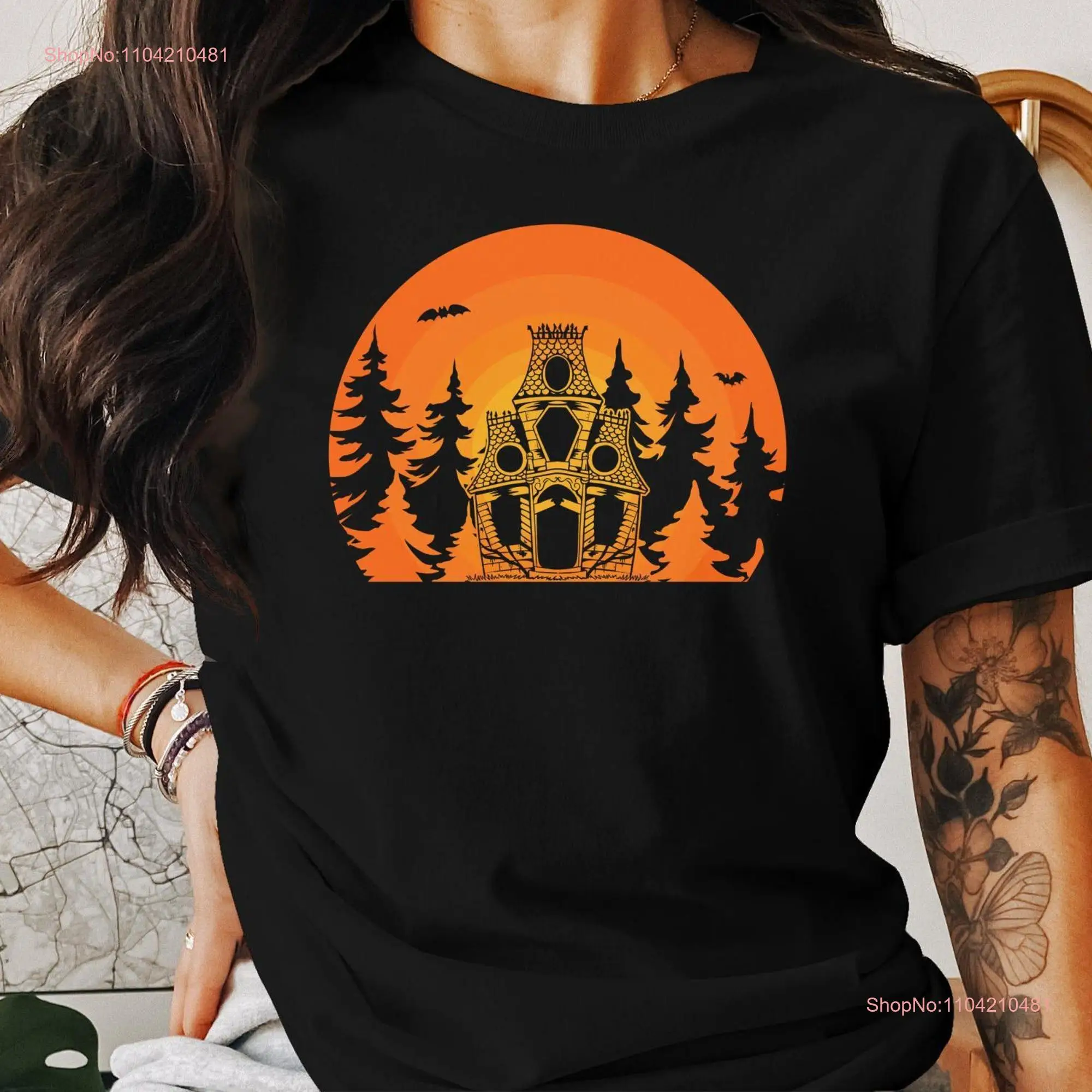 Haunted House Halloween T Shirt Spooky SweaT Mansion Bat and Tree Design long or short sleeves