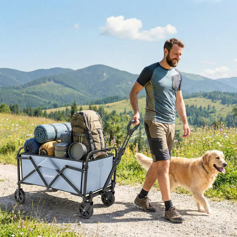 Chariot de jardin pliable tout-terrain 66L, capacité 68kg, poignée réglable, 81 x 45 x 89 cm, gris