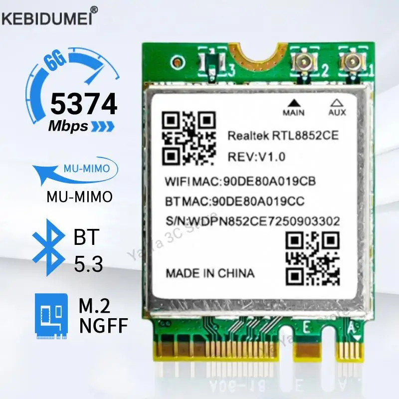 WiFi 6E RTL8852CE M.2 NGFF محول لاسلكي بلوتوث 5.3 5374Mbps 2.4G/5G/6 جيجا هرتز 802.11AX لسطح المكتب/الكمبيوتر المحمول لـ Win10/11