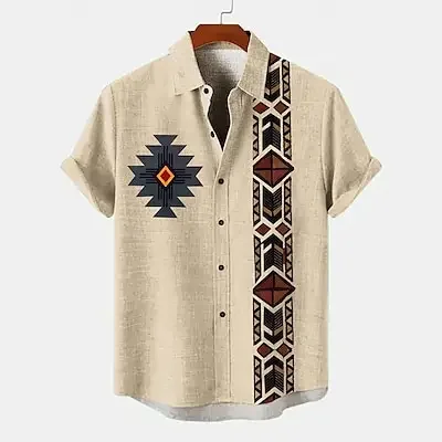 

2024 Comfortable Bamboo Linen Retro Ethnic Totem Print Men's Short Sleeve Shirt Hawaiian Casual Loose Handsome Lapel Men's Tops