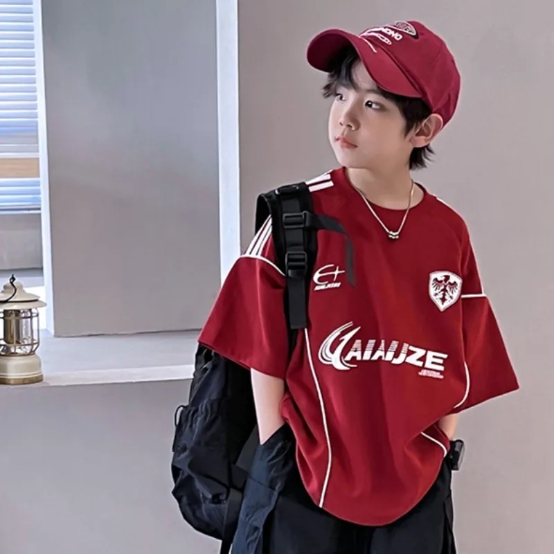 

2025 Handsome Boys Short-sleeved T-shirt Summer New Children's Printed Guochao Striped Splicing Loose Half-sleeved Top