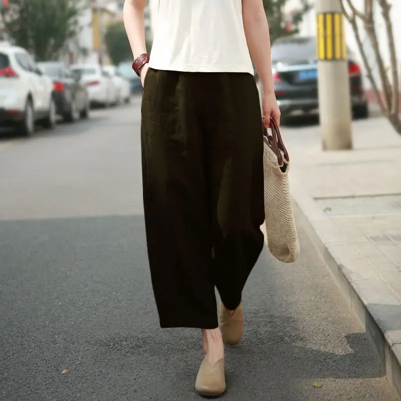 Women Summer Simplicity Loose Elegant Solid Color High Waist Appear Thin Wide Leg Women Clothes Casual All-match Cropped Pants