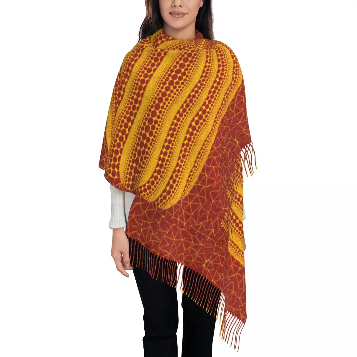 

Yayoi Kusama Pumkin Abstract Art Tassel Scarf Women Soft Shawls Wraps Female Winter Scarves
