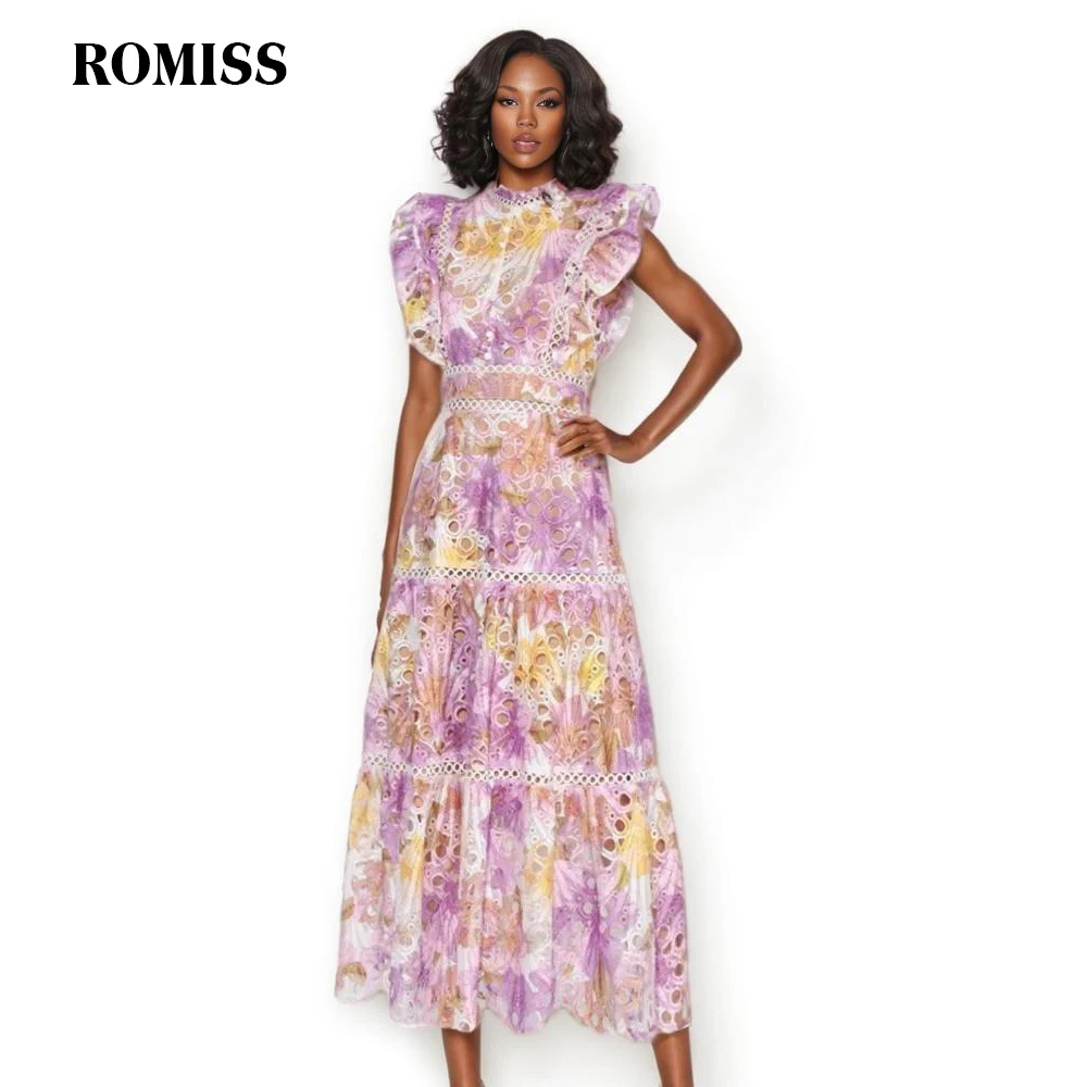 

ROMISS Hollow Out Dress For Women Stand Collar Flare Sleeve Fly Sleeve High Waist Colorblock Fashion Summer Maxi Dress Female