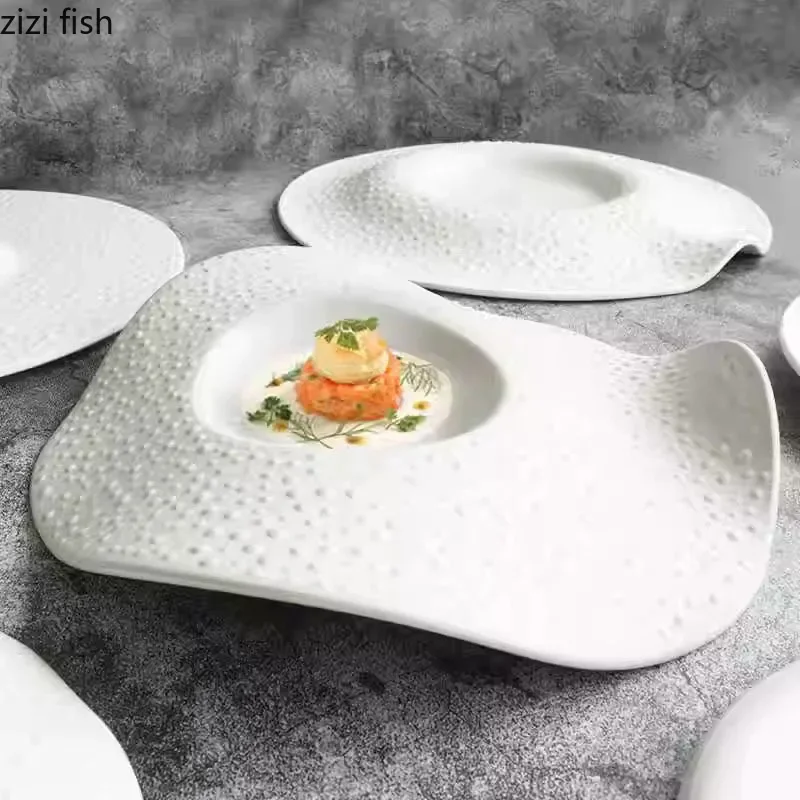 Pure White Bead Dot Ceramic Plate Irregular Dessert Plate Sushi Plate Thick Soup Plates Creative Molecular Cooking Tableware