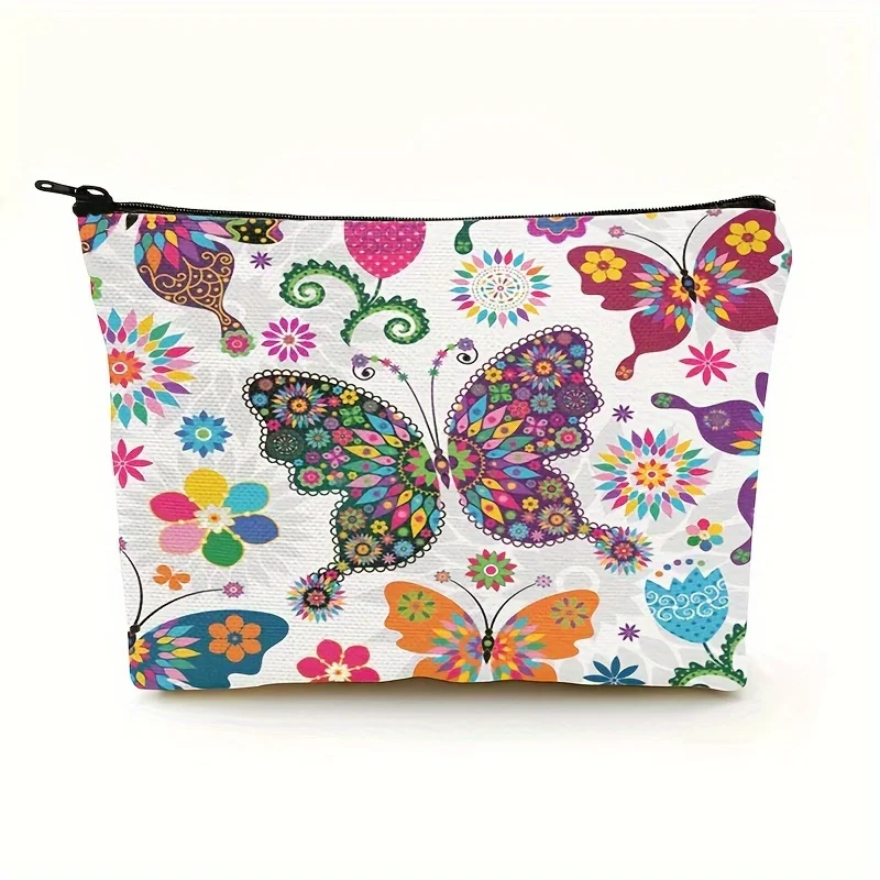 1pc Whimsical Butterfly Design Linen Fabric Makeup Bag Travel Cosmetic Organizer Pouch with Zipper Clutch for Women Storage Bag