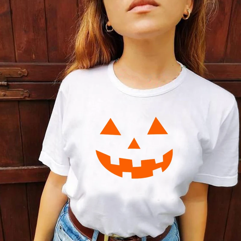 تي شيرت مطبوع عليه وجه اليقطين للهالوين تي شيرت نسائي فضفاض مناسب بنمط الهيكل العظمي الإبداعي ort Sve round Ne Top #3