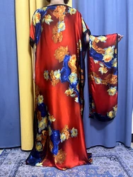 Abayas For Women 2023 Muslim Red Flower Silk Fabric Summer Loose Femme Robe African Islam Dresses Moroccan Caftan With Turban