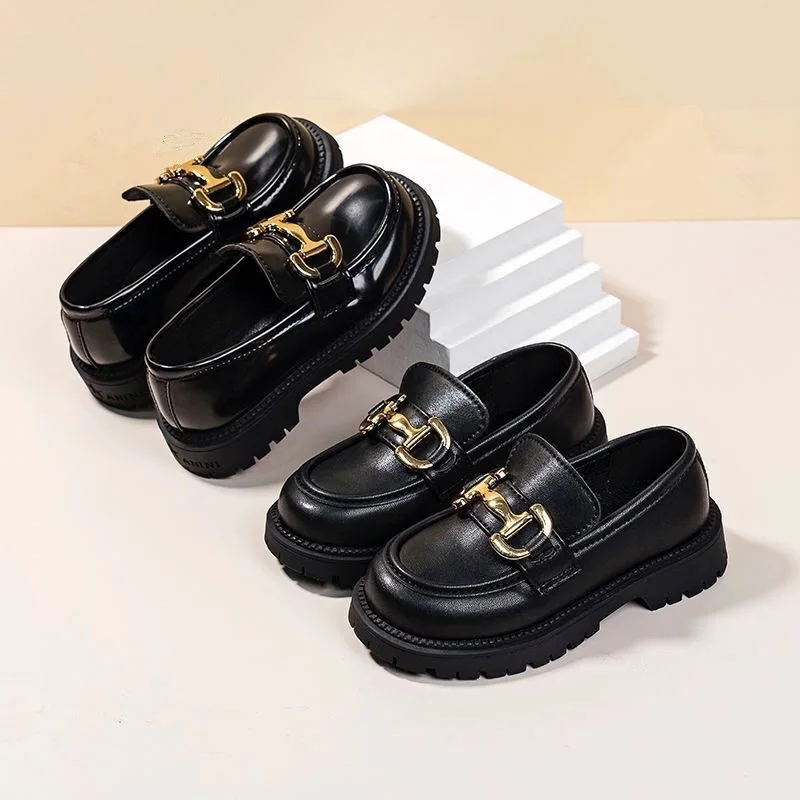 Laofers for Children Platform Black Patent Leather Chain Fashion Boys Girls Flat Shoes Four Season Elegant 26-36 Kids Shoe