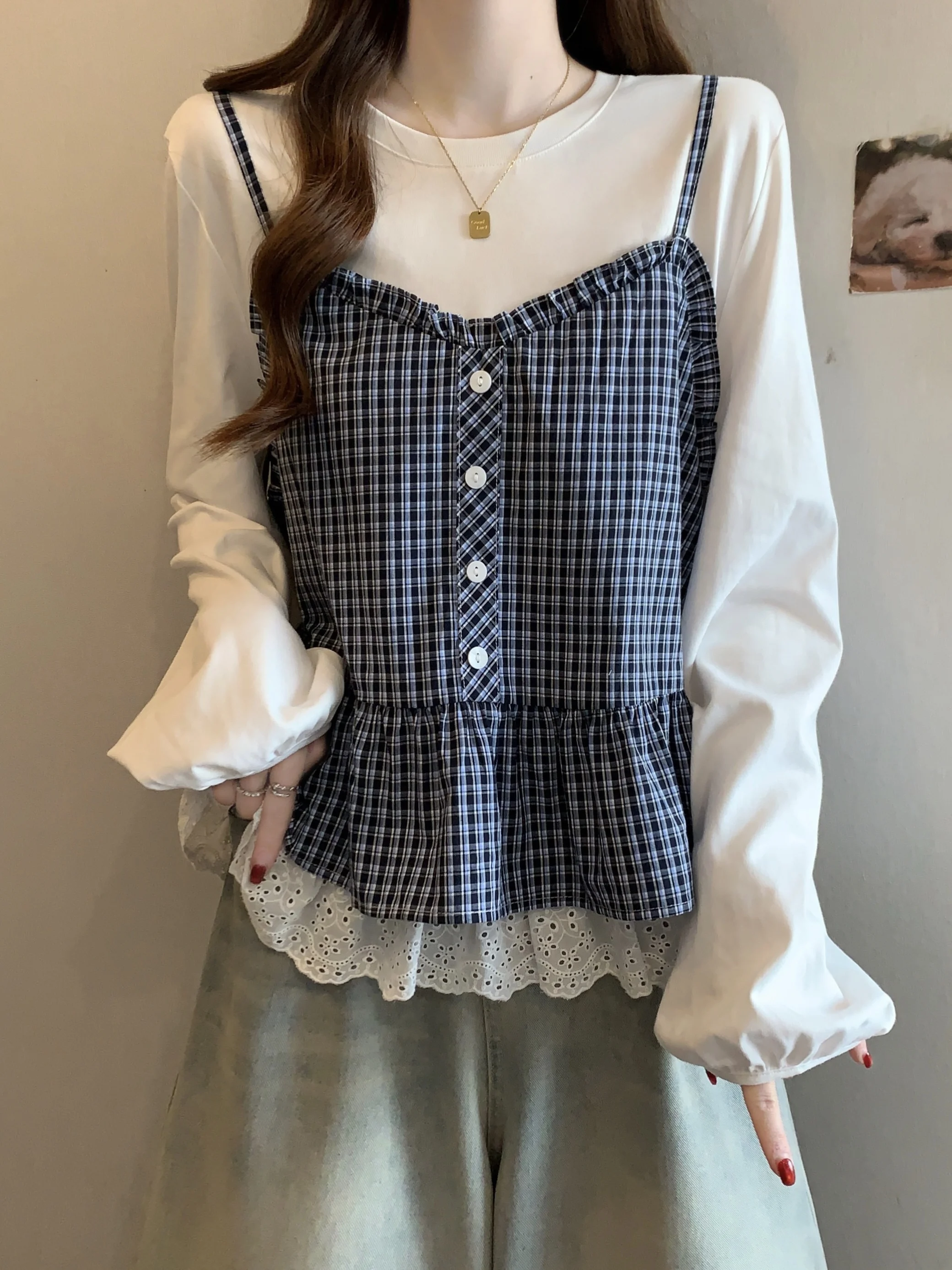 

Slimming Plaid Patchwork Long Sve irt Women's Spring 2026 Casual Sle plus Size Faionable Top Cover Belly