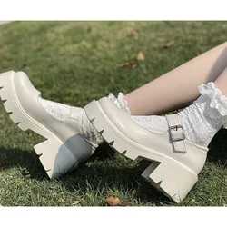 Women white shoes Thick soled round toe Mary Jane single shoes Retro medium high heels shoes British style casual Pumps shoes