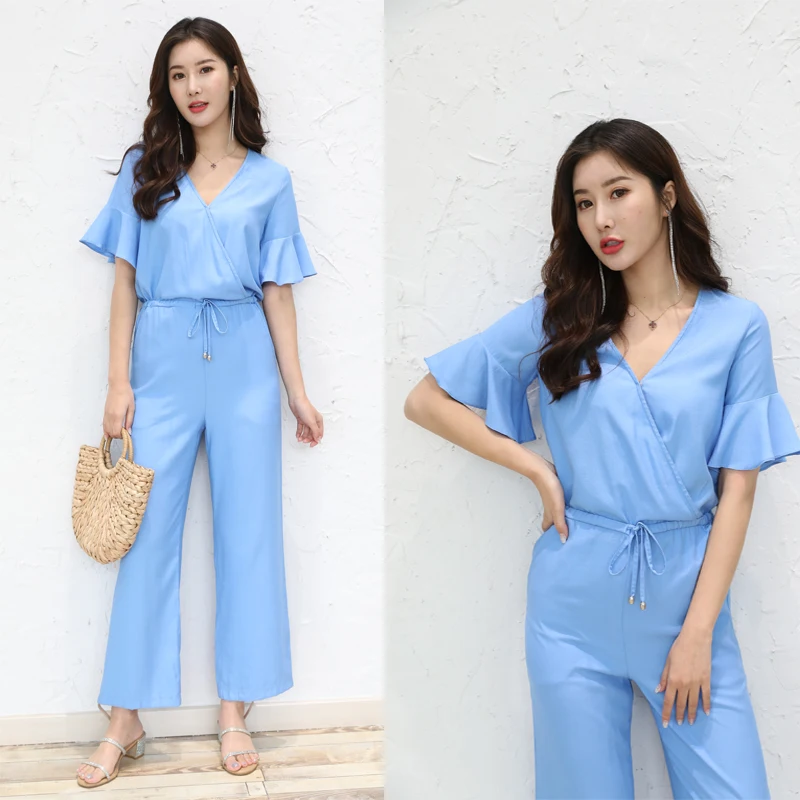 

Женские летние широкие брюки, повседневные брюки с завязками, расклешенный комбинезон Све, цельный утягивающий эффект, полиэфирное волокно