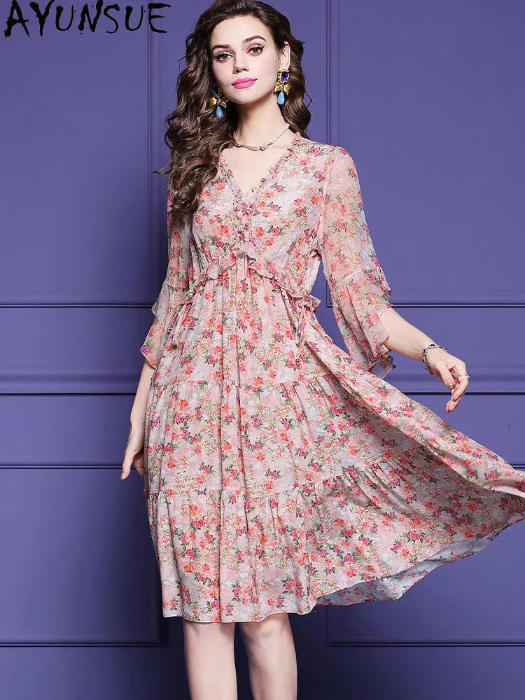 AYUNSUE 100% Natural Mulberry Silk Elegant Dress for Women Summer Clothes High-end Long Dress Woman Party Dresses Платье Женское