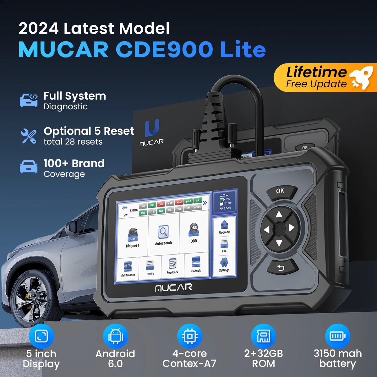 MUCAR CDE900 LITE OBD2 Full system diagnostic tool auto scanner tool 5 reset Engine ABS SRS TCM code reader lifetime free update