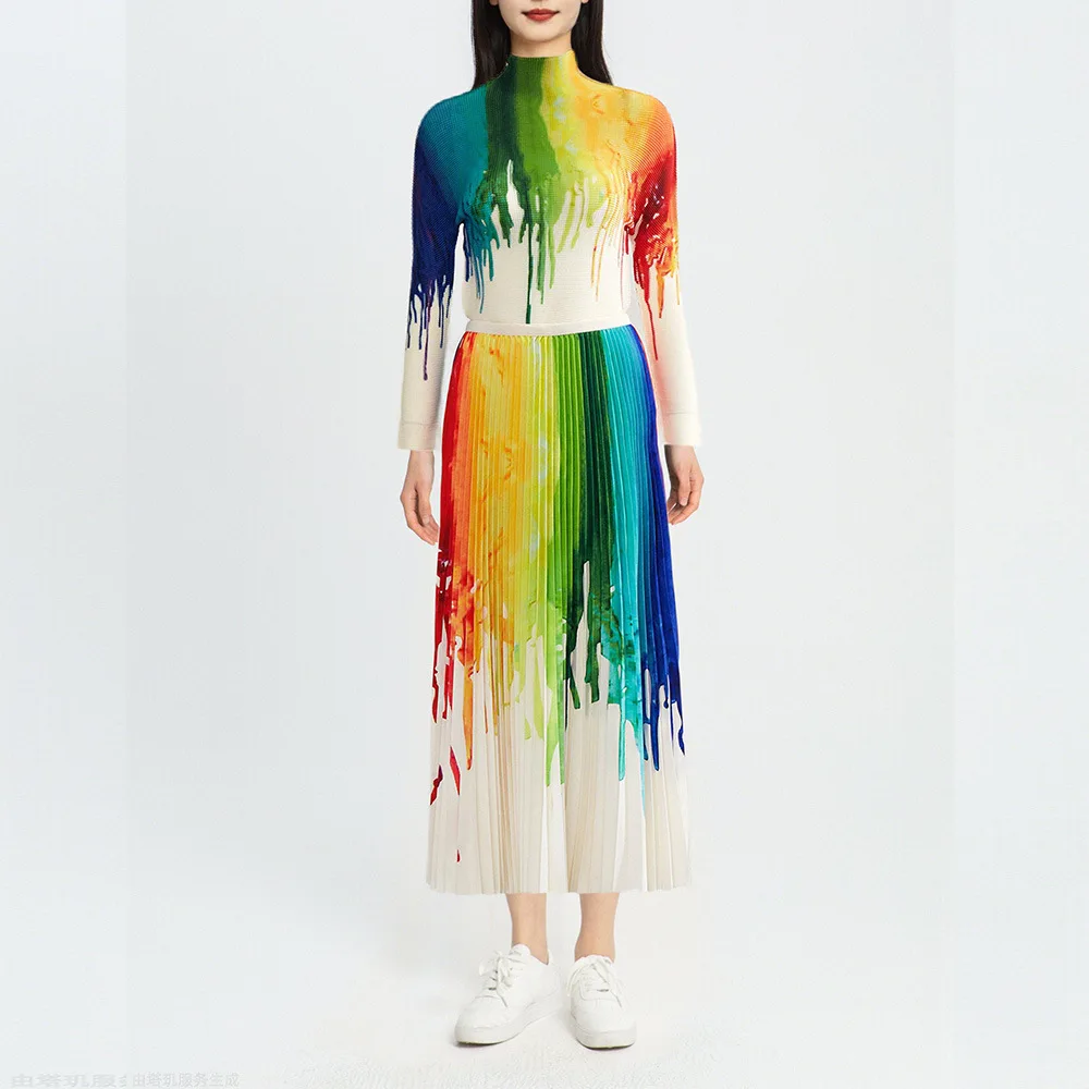 Female Set 2022 Rainbow Gradient Stretch Slimming Miyake Pleated Turtleneck T-Shirt Top Elastic Waist Long Skirt Ankle Length