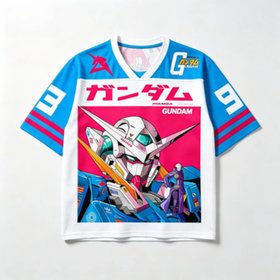 Gundam RX93 Printed Mesh Jersey, Breathable V-neck Anime Cosplay T-shirt, Mobile Warrior Mecha Robot Pattern Sports Jersey