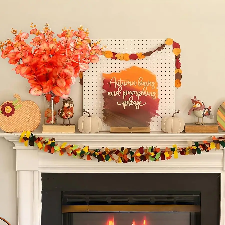 10 個の秋のユーカリの茎 秋の花 フェイクオレンジユーカリの葉 感謝祭の装飾用 秋のパーティー ホームベッドルームの装飾用