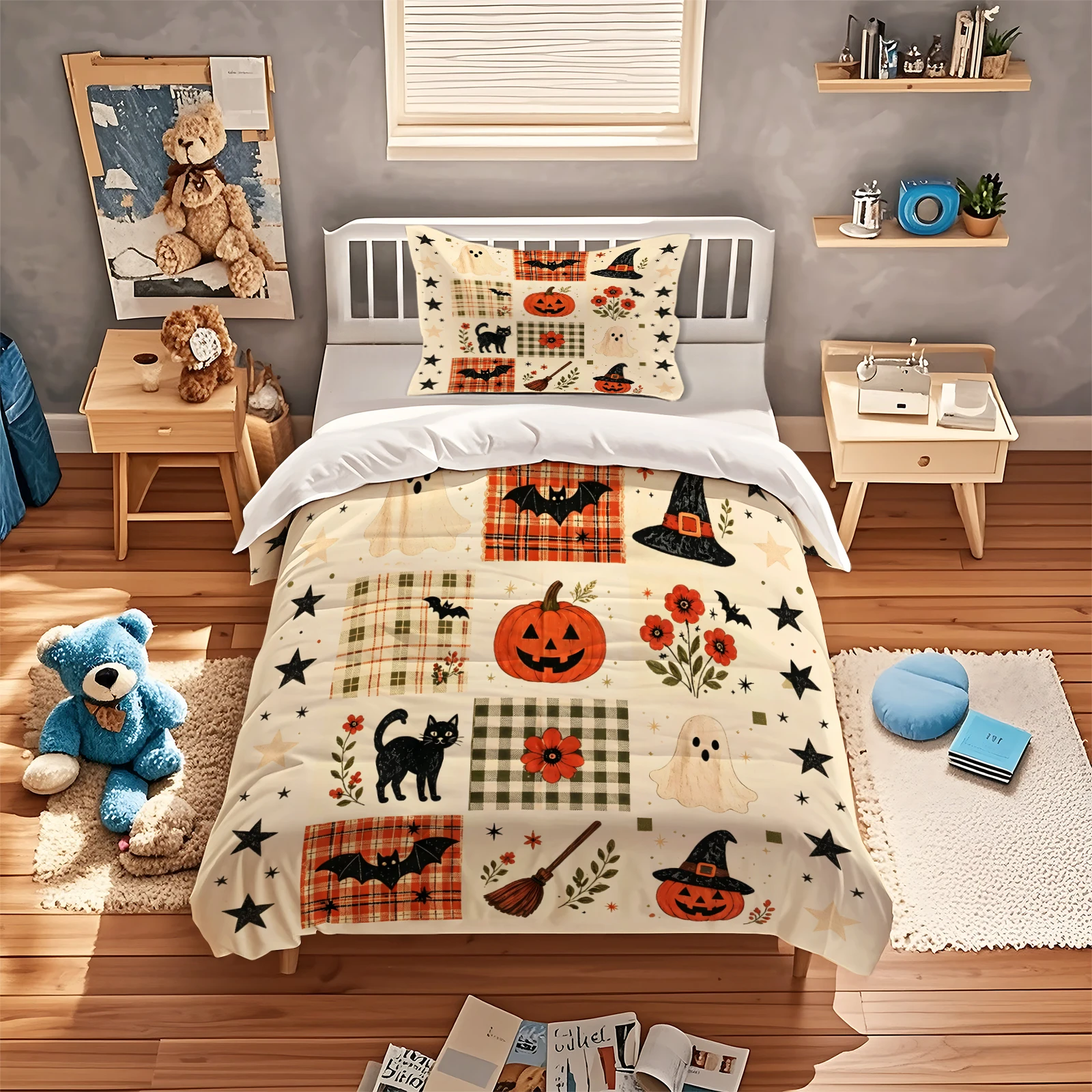 Vintage Patchwork Halloween Duvet Cover Set Pumpkin Ghost Black Cat Bat Plaid Floral Print Zipper Microfiber Bedding Set Holiday