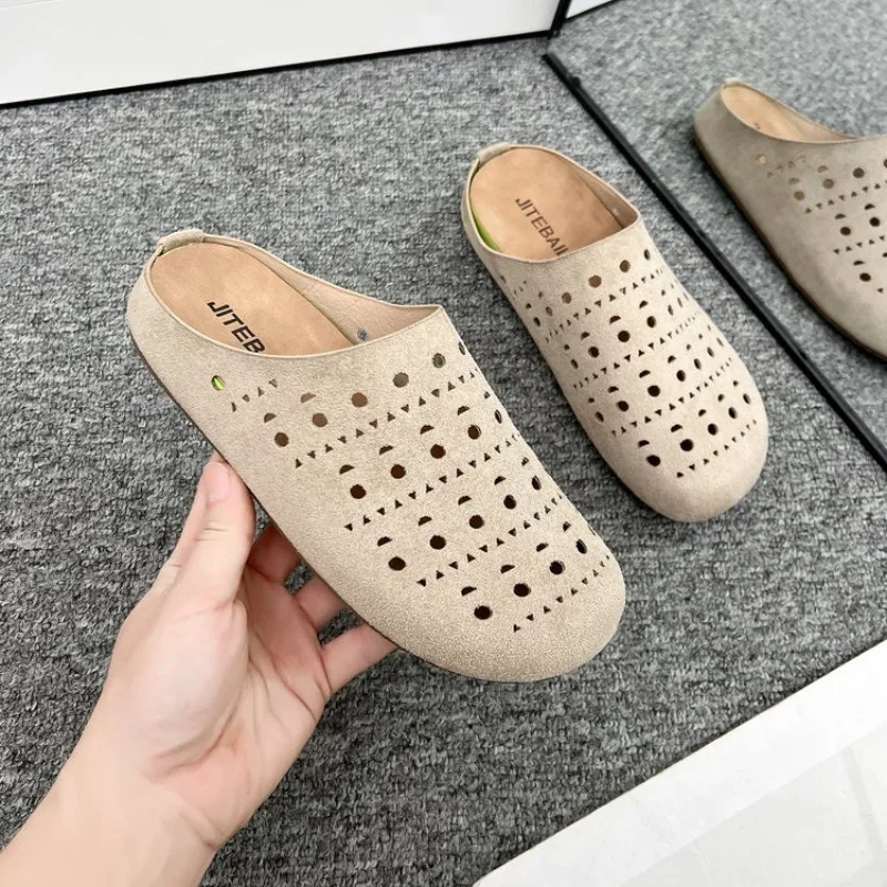 2025 New Arrival Concise Suede Round-Toe Comfortable Woman Slippers Hollow Slides Loafers Female Beach Shoes