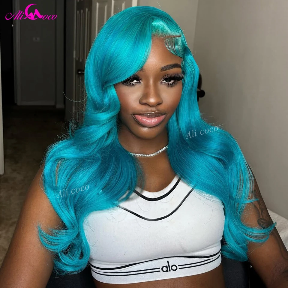 180 الكثافة الأزرق اللون الجسم موجة 13x6 الدانتيل شعر مستعار أمامي البرازيلي شعر الإنسان شعر مستعار شفاف قبل قطعها للنساء